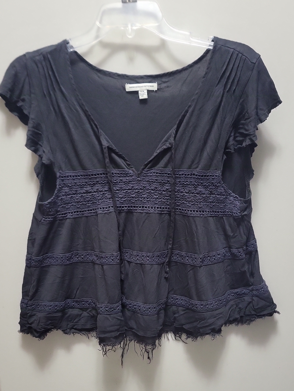 American Eagle Outfitters Gray Crochet-Trim Short Sleeve Top
